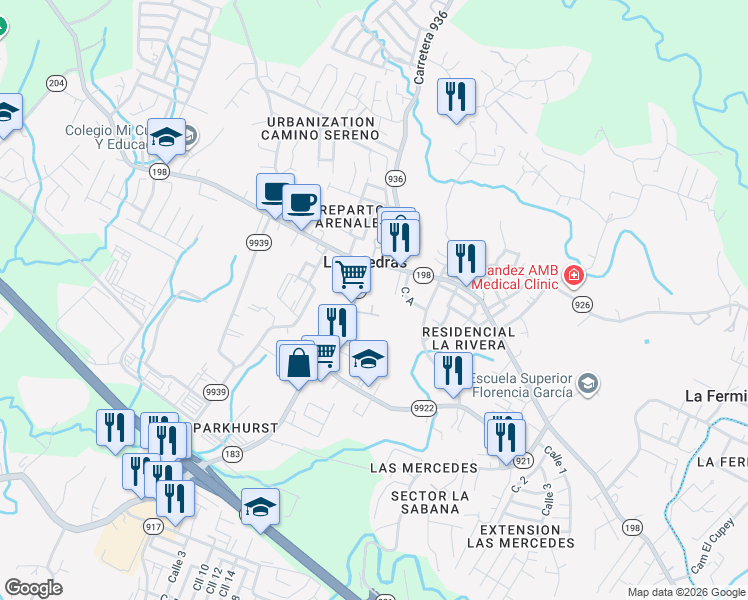 map of restaurants, bars, coffee shops, grocery stores, and more near 2 Avenida Jesús Toribio Piñero in Las Piedras