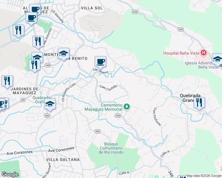 map of restaurants, bars, coffee shops, grocery stores, and more near Camino Cuchilla in Mayagüez
