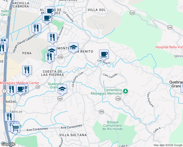 map of restaurants, bars, coffee shops, grocery stores, and more near Calle Balbino Trinta in Mayagüez