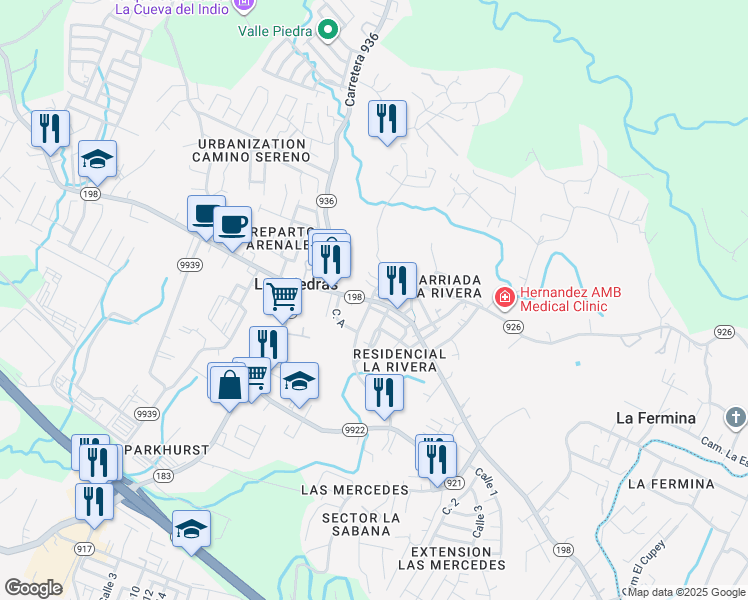 map of restaurants, bars, coffee shops, grocery stores, and more near in Las Piedras