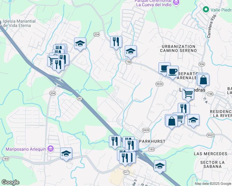 map of restaurants, bars, coffee shops, grocery stores, and more near Calle Ebano in Las Piedras