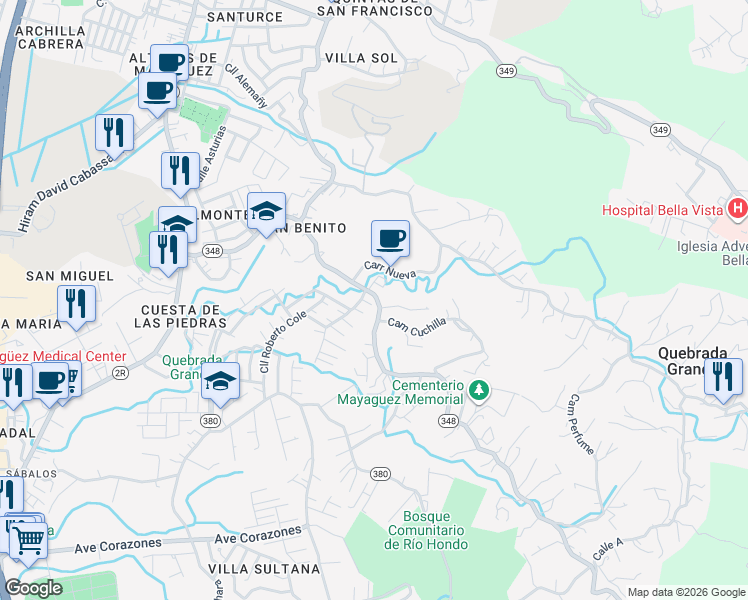 map of restaurants, bars, coffee shops, grocery stores, and more near Camino Cuchilla in Mayagüez