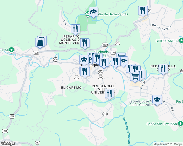 map of restaurants, bars, coffee shops, grocery stores, and more near 48 Calle Barceló in Barranquitas