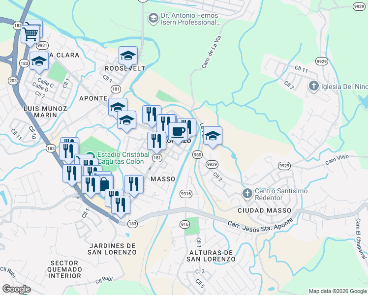 map of restaurants, bars, coffee shops, grocery stores, and more near 24-38 Calle Dr Veve Calzada in San Lorenzo
