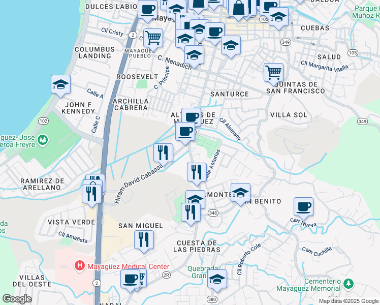map of restaurants, bars, coffee shops, grocery stores, and more near Calle Ramón Emeterio Betances in Mayagüez