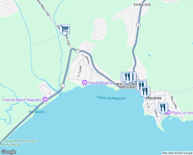 map of restaurants, bars, coffee shops, grocery stores, and more near Calle Marina in Naguabo