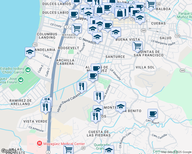map of restaurants, bars, coffee shops, grocery stores, and more near Calle Ramón Emeterio Betances in Mayagüez