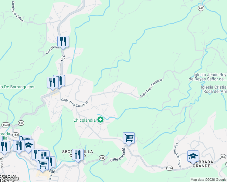 map of restaurants, bars, coffee shops, grocery stores, and more near Calle Tres Caminos in Comerio