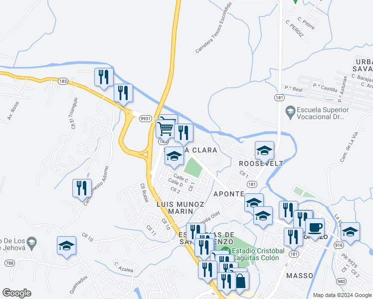 map of restaurants, bars, coffee shops, grocery stores, and more near Puerto Rico 9931 in San Lorenzo