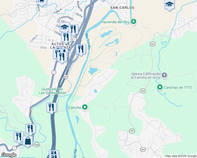 map of restaurants, bars, coffee shops, grocery stores, and more near 185 Calle Torre del Oro in Caguas