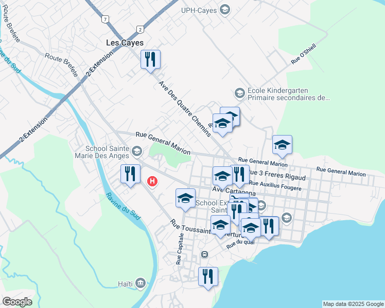 map of restaurants, bars, coffee shops, grocery stores, and more near Rue General Marion in Les Cayes