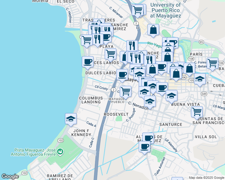 map of restaurants, bars, coffee shops, grocery stores, and more near Avenida Eugenio María de Hostos in Mayagüez