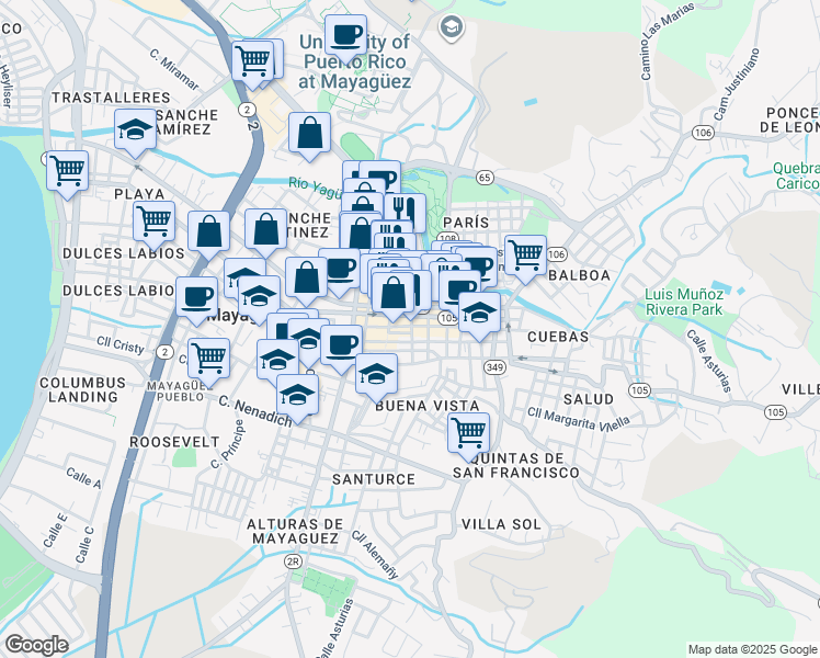 map of restaurants, bars, coffee shops, grocery stores, and more near 62 Calle Ernesto Ramos Antonini in Mayagüez
