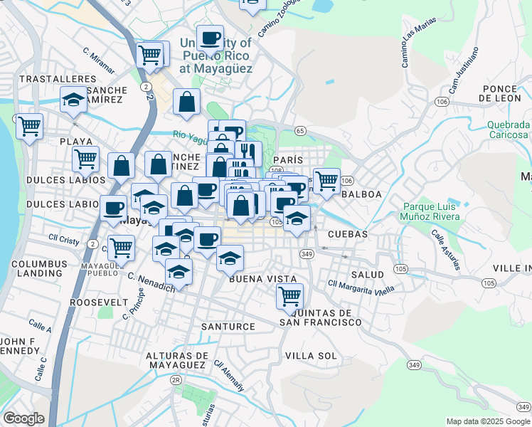 map of restaurants, bars, coffee shops, grocery stores, and more near 106 in Mayagüez