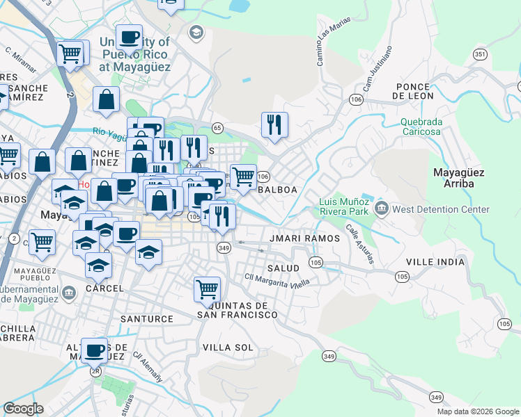 map of restaurants, bars, coffee shops, grocery stores, and more near 226 Calle Ernesto Ramos Antonini in Mayagüez