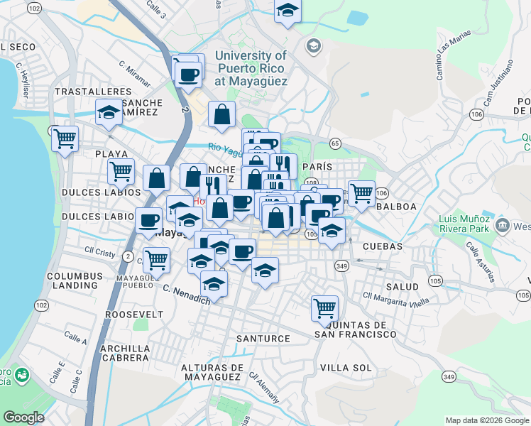 map of restaurants, bars, coffee shops, grocery stores, and more near 14 Calle José de Diego in Mayagüez