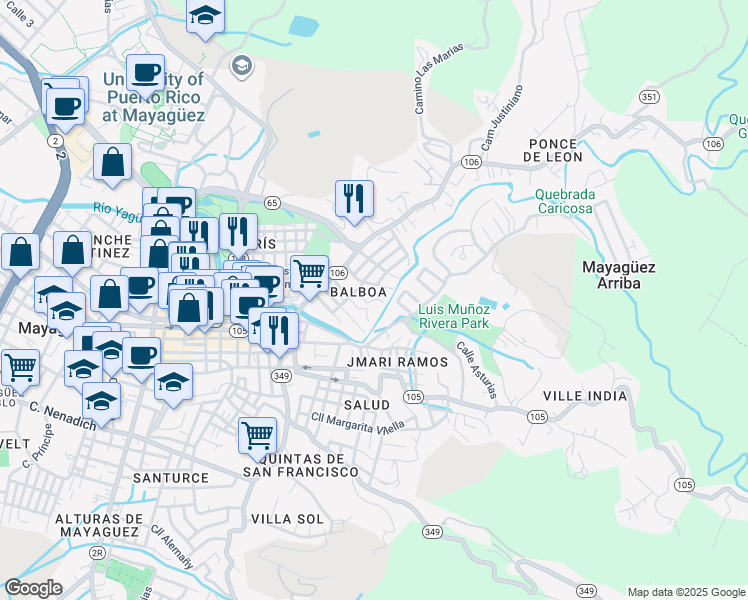 map of restaurants, bars, coffee shops, grocery stores, and more near Calle Mariana Bracetti in Mayagüez