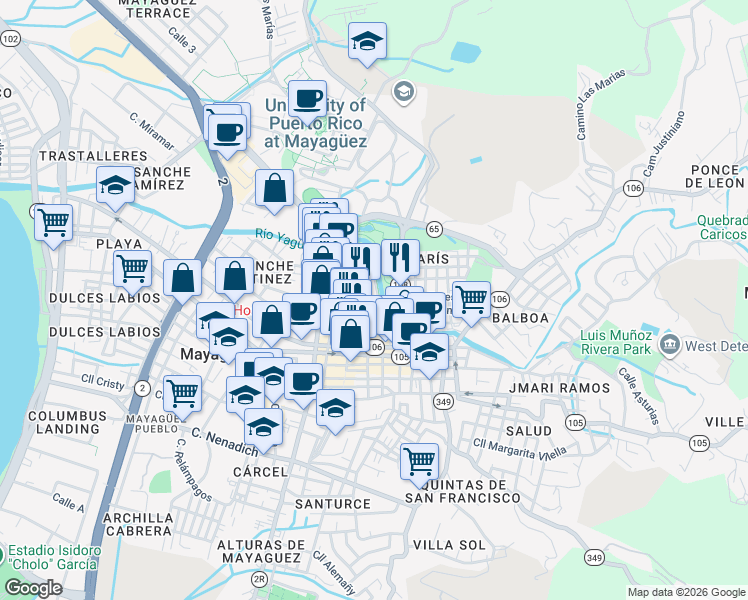 map of restaurants, bars, coffee shops, grocery stores, and more near Parque Lineal in Yaguez