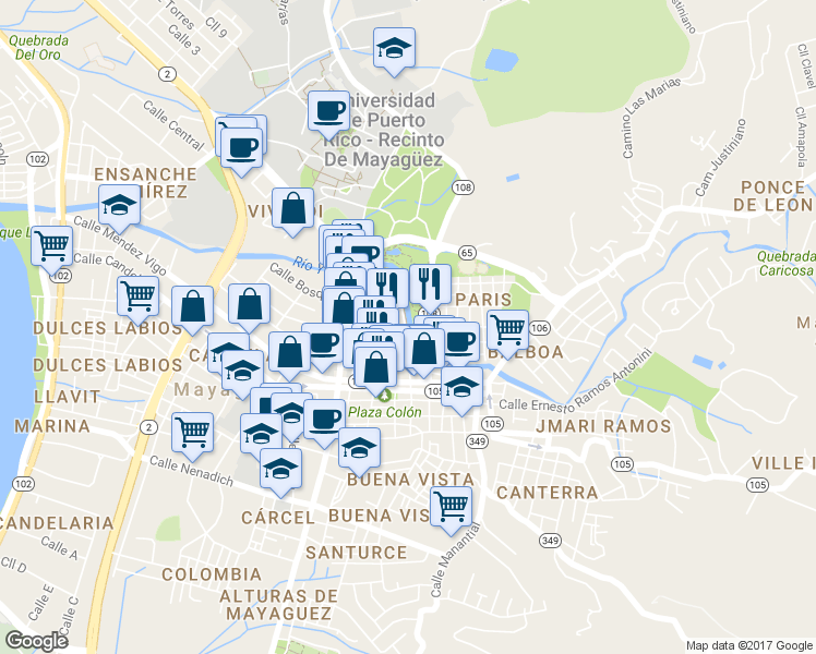 map of restaurants, bars, coffee shops, grocery stores, and more near Parque Lineal in Mayagüez