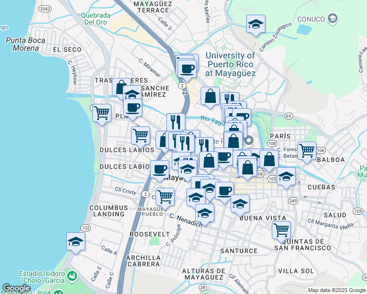 map of restaurants, bars, coffee shops, grocery stores, and more near 117 Calle Méndez Vigo in Mayagüez