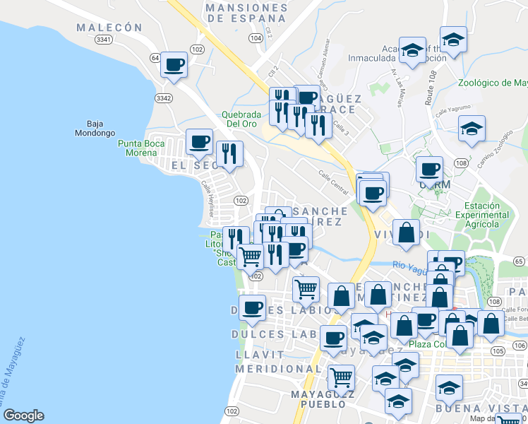 map of restaurants, bars, coffee shops, grocery stores, and more near 91 Calle Concordia in Mayagüez