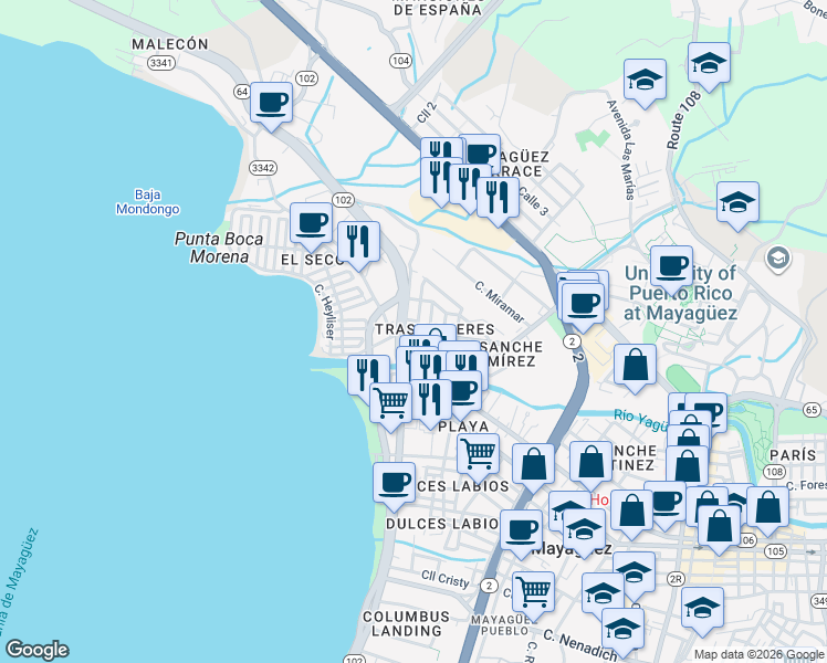 map of restaurants, bars, coffee shops, grocery stores, and more near 91 Calle Concordia in Mayagüez
