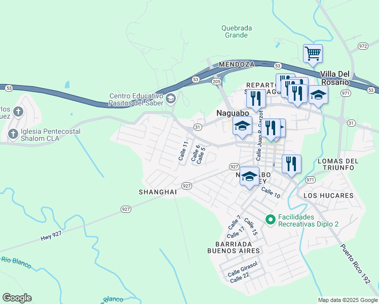map of restaurants, bars, coffee shops, grocery stores, and more near Res Villa Del Rio in Naguabo