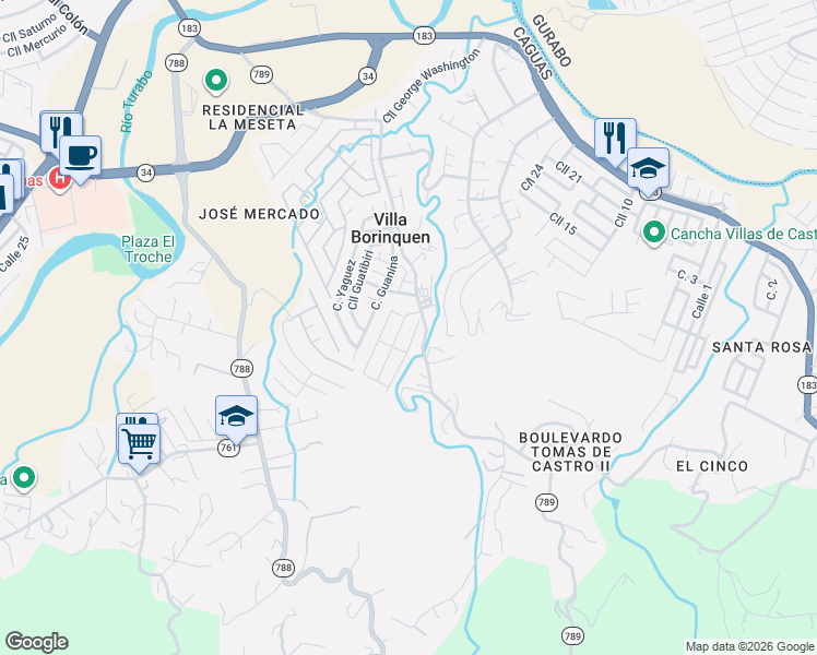 map of restaurants, bars, coffee shops, grocery stores, and more near Calle Magnolia in Caguas