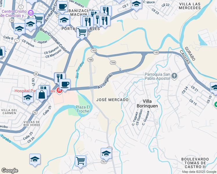 map of restaurants, bars, coffee shops, grocery stores, and more near Calle Cordova in Caguas