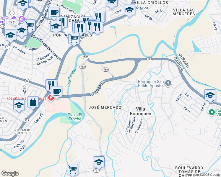 map of restaurants, bars, coffee shops, grocery stores, and more near Calle Cordova in Caguas