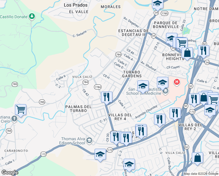 map of restaurants, bars, coffee shops, grocery stores, and more near 320 Calle 33 Oeste in Caguas