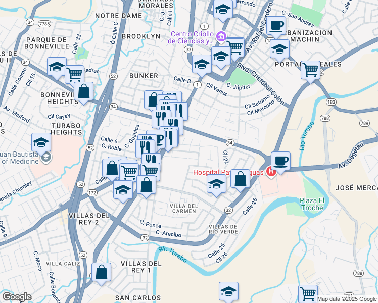 map of restaurants, bars, coffee shops, grocery stores, and more near Calle San Bernardo in Caguas