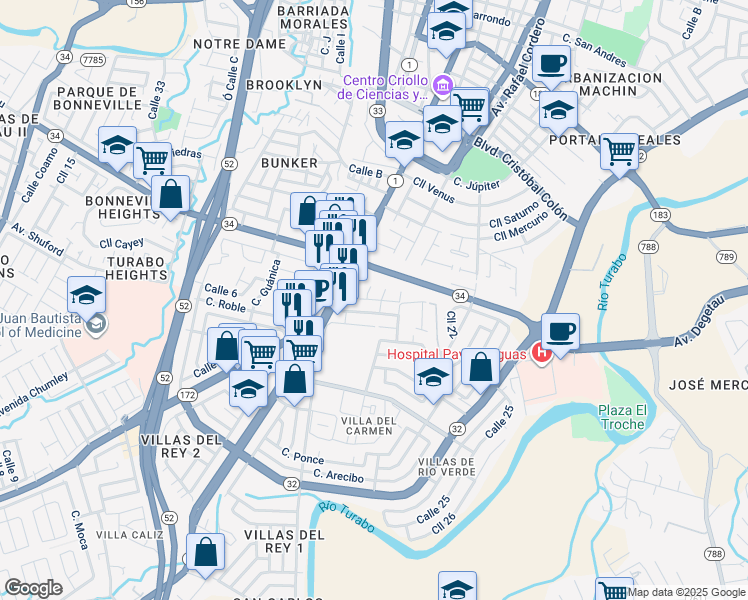 map of restaurants, bars, coffee shops, grocery stores, and more near Calle San Bernardo in Caguas