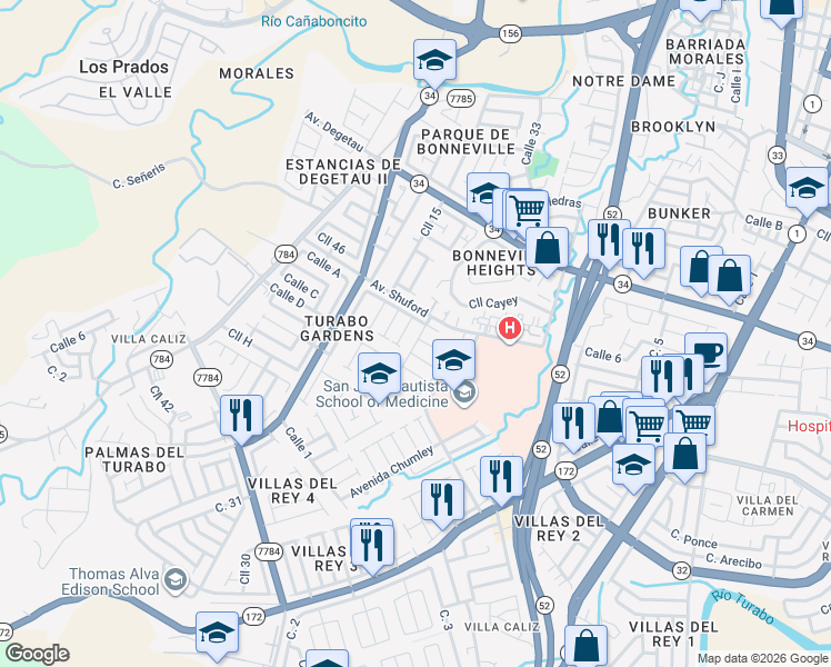 map of restaurants, bars, coffee shops, grocery stores, and more near 16-20 Calle 17 in Caguas