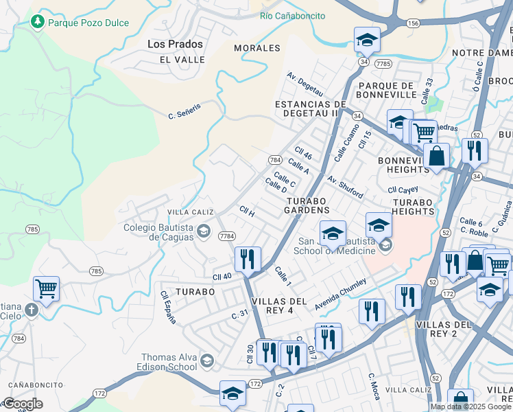 map of restaurants, bars, coffee shops, grocery stores, and more near 1010 Calle G in Caguas