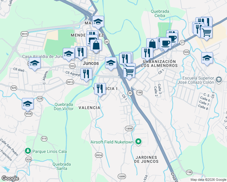 map of restaurants, bars, coffee shops, grocery stores, and more near 72 Calle Mario Pérez in Juncos