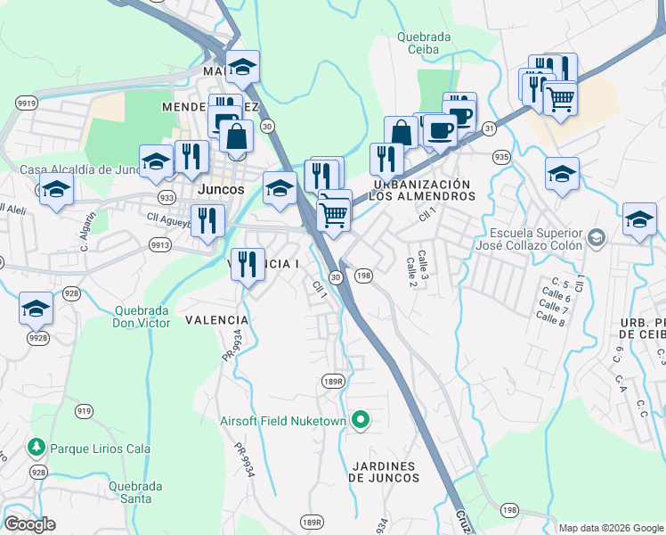 map of restaurants, bars, coffee shops, grocery stores, and more near Calle José Santiago Fernández in Juncos