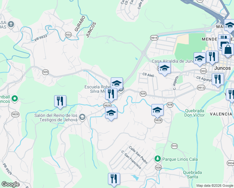 map of restaurants, bars, coffee shops, grocery stores, and more near Carr Lirios in Juncos