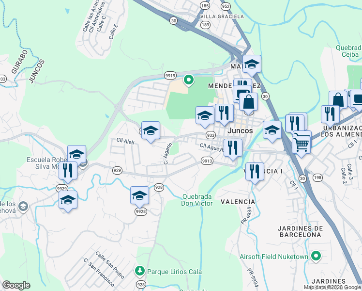 map of restaurants, bars, coffee shops, grocery stores, and more near 15 Calle José M Pereira in Juncos