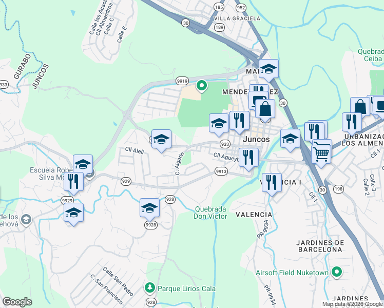 map of restaurants, bars, coffee shops, grocery stores, and more near 15 Calle José M Pereira in Juncos