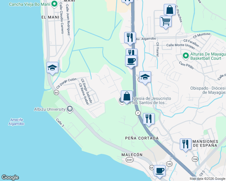 map of restaurants, bars, coffee shops, grocery stores, and more near 25 Calle Rafael Mangual in Mayagüez