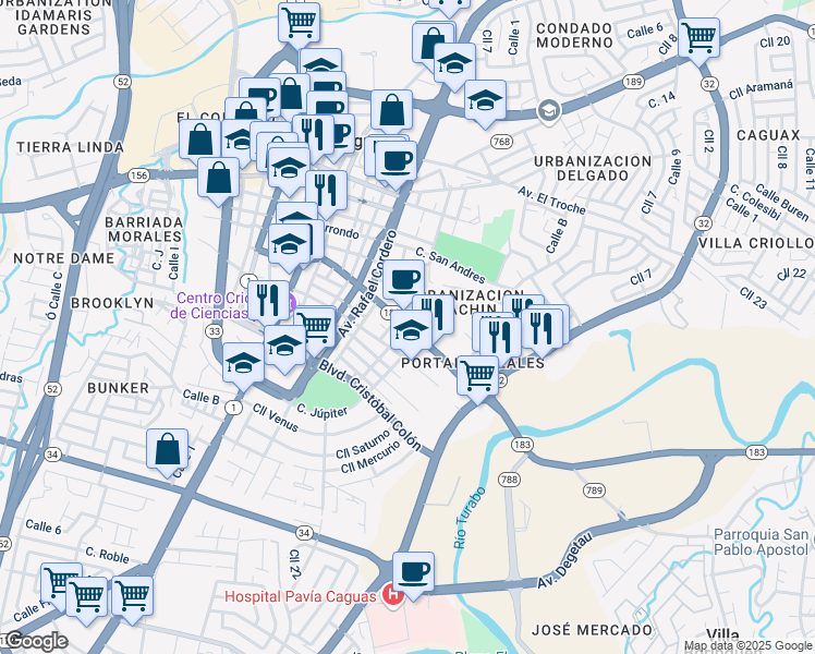map of restaurants, bars, coffee shops, grocery stores, and more near 1 Calle José Mercado in Caguas