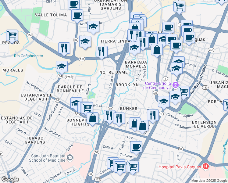 map of restaurants, bars, coffee shops, grocery stores, and more near Interstate PR1 in Caguas