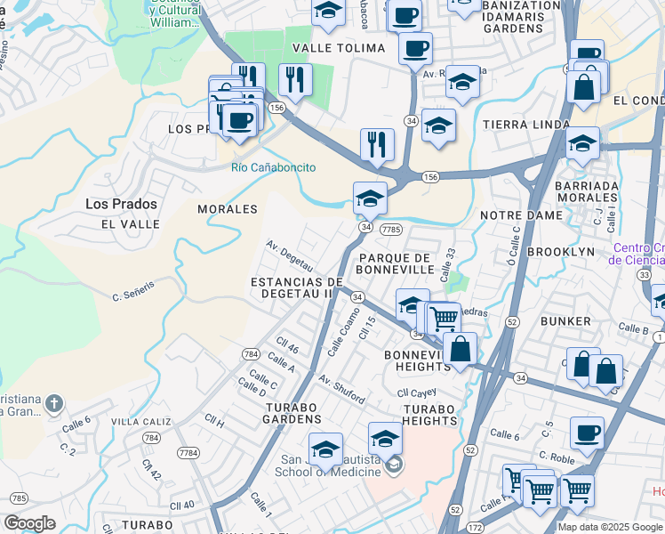 map of restaurants, bars, coffee shops, grocery stores, and more near 5-7 Calle 1 in Caguas