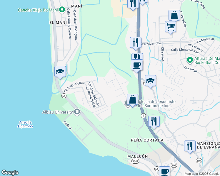 map of restaurants, bars, coffee shops, grocery stores, and more near Calle Carlos E Chardon in Mayagüez