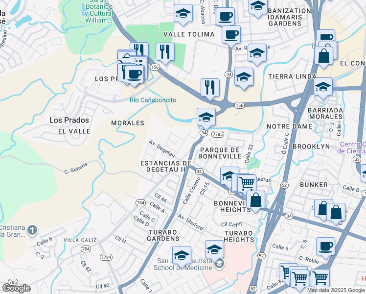 map of restaurants, bars, coffee shops, grocery stores, and more near 7 Calle 1 in Caguas