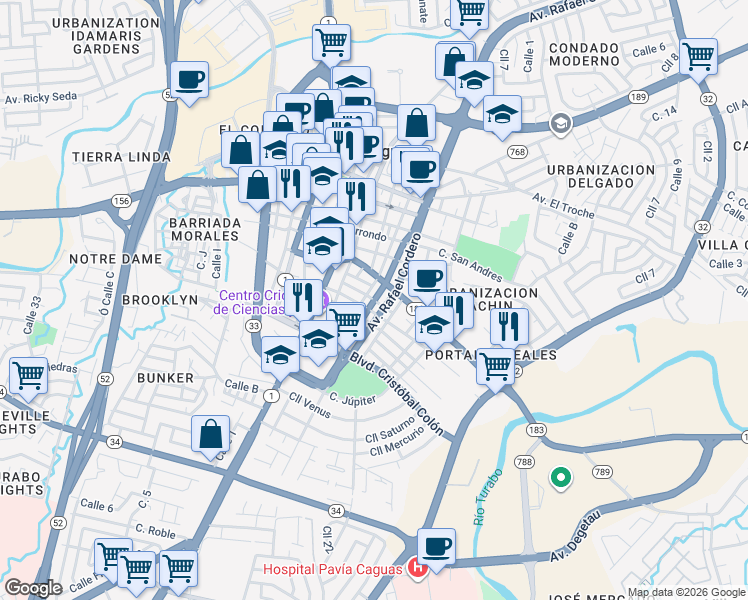 map of restaurants, bars, coffee shops, grocery stores, and more near Calle Eugenio María de Hostos in Caguas