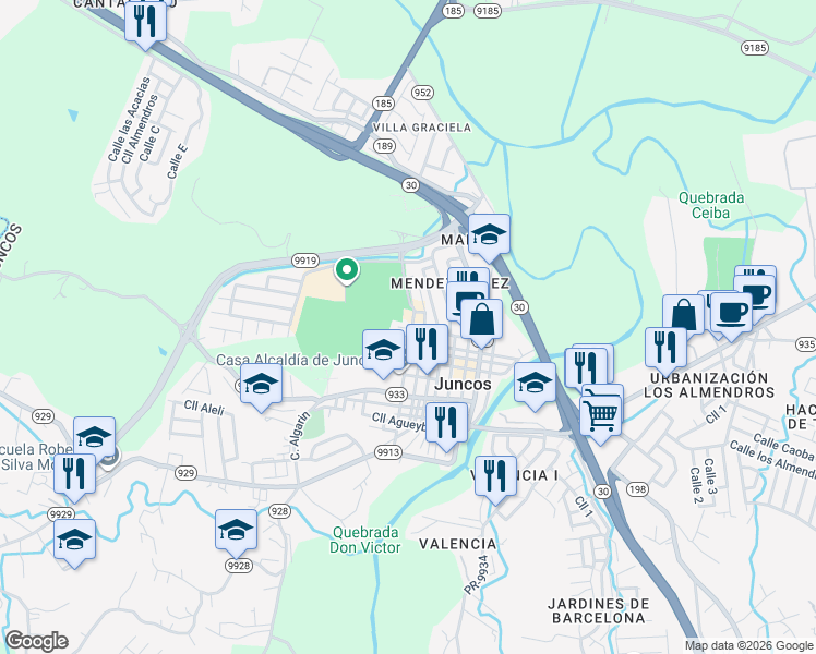 map of restaurants, bars, coffee shops, grocery stores, and more near in Juncos
