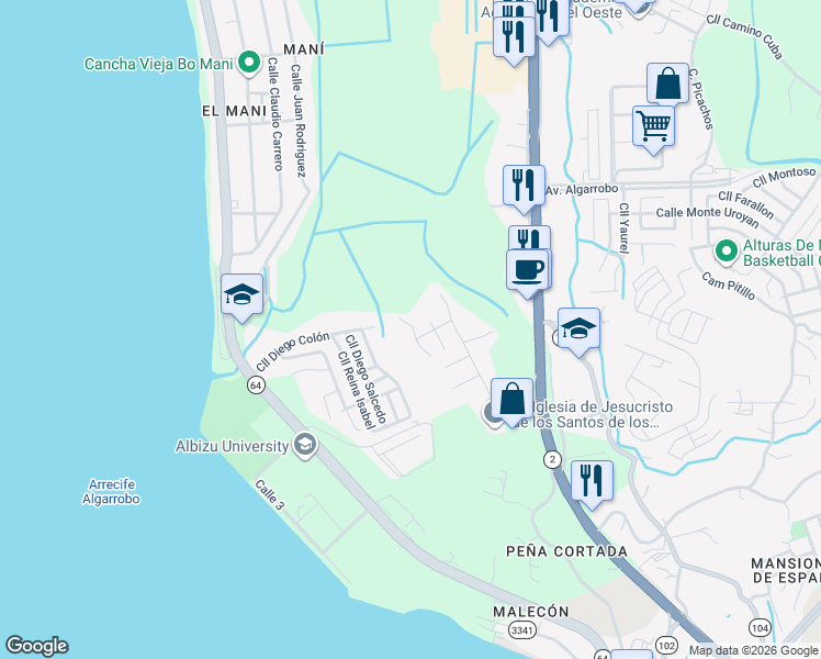 map of restaurants, bars, coffee shops, grocery stores, and more near 71-99 Calle Carlos E Chardon in Yaguez