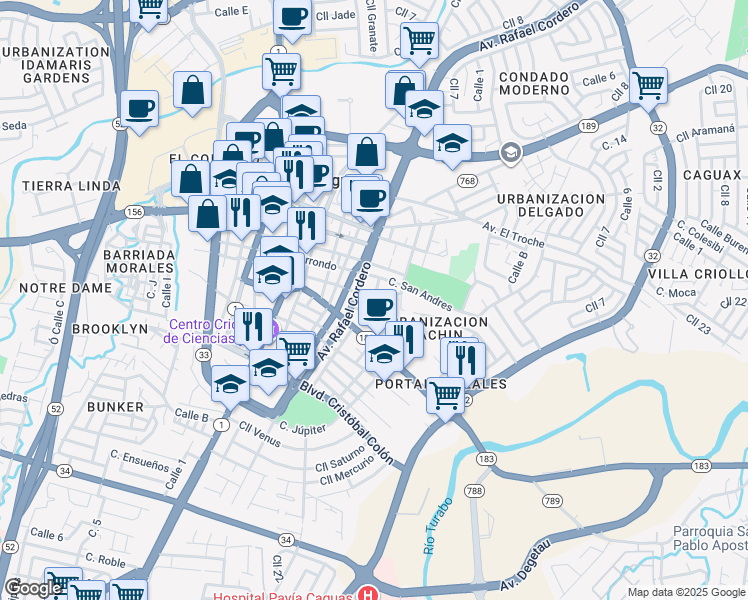 map of restaurants, bars, coffee shops, grocery stores, and more near 1 Calle Campio Alonso in Caguas
